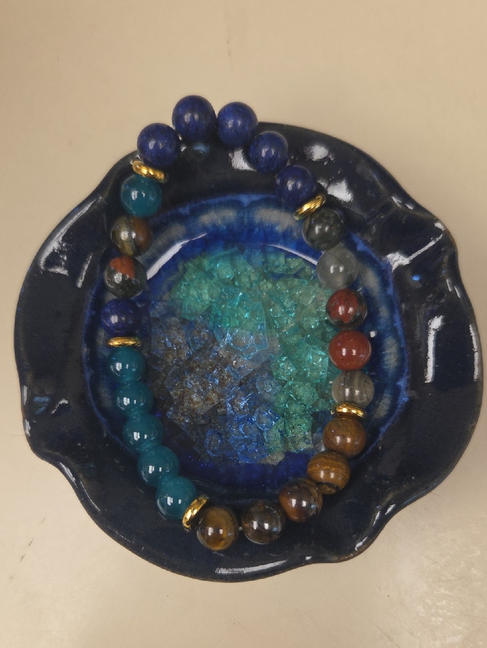 Multicolor Beaded Gemstone Bracelet - Blue, Teal, Brown, Red Accents
